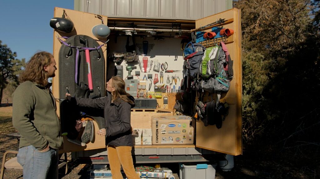 Sonja & Tim's epic shed/gear closet on their tiny house - click to watch tour!